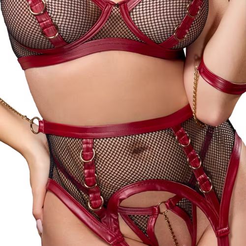Cottelli Bondage 3Pc Mesh Bondage Suspender Set Black and Red from Nice 'n' Naughty