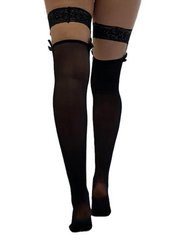 Pamela Mann Lace Top Hold Ups with Bow at Welt Black from Nice 'n' Naughty